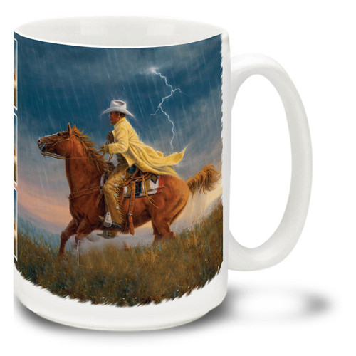 Here Comes the Rain Riding Cowboy - 15oz Mug