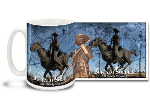 The 10th Cavalry Regiment is a unit of the United States Army formed as a segregated African-American unit in 1866. The 10th Cavalry Regiment presently comprises three active squadrons, all of which are M3 Bradley-equipped Armored Reconnaissance Squadrons within the 4th Infantry Division in Fort Carson, Colorado. Buffalo Soldiers coffee mugs are a great way to show your pride in this proud moment in history! This Buffalo Soldiers mug is sure to be a favorite!