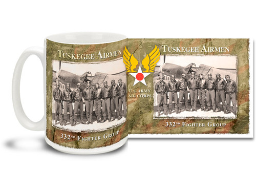 The title Tuskegee Airmen refers to all who trained in the groundbreaking Army Air Forces African-American pilot training program at Moton Field and Tuskegee Army Airfield, Alabama between 1941 and 1945. Tuskegee Airmen coffee mugs are a great way to show your pride in this proud moment in history! This Tuskegee Airmen mug is dishwasher and microwave safe and is sure to be a favorite!
