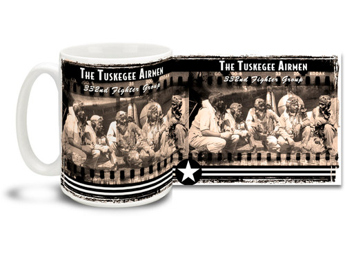 Pilots of the 332d Fighter Group, "Tuskegee Airmen," the elite, all-African American 332d Fighter Group pose for a wartime photo. Tuskegee Airmen coffee mugs are a great way to show your pride in this proud moment in history! This Tuskegee Airmen mug is dishwasher and microwave safe and is sure to be a favorite!