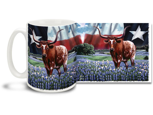 They just make things bigger in Texas! Show some Longhorn pride with this Texas Born Texas Bred Flag and Longhorn coffee mug! Colorful Red, White and Blue Texas Flag and Longhorn mug is dishwasher and microwave safe and is sure to be a favorite!