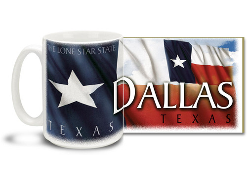 Deep in the heart of Texas lies Dallas, a bustling metropolis with it's fair share of Cowboys, Rangers, Mavericks and even a few sports teams! The 9th largest city in America, Dallas is a world unto itself! Show 'em the city you love with a Dallas coffee mug! Colorful Texas Flag makes this Dallas mug sure to be a favorite!