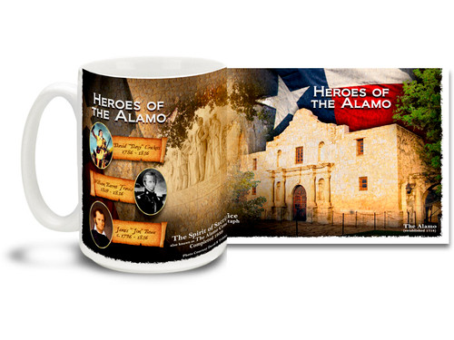 Featuring Davy Crockett, William Barrett Travis and Jim Bowie as well as The Spirit of Sacrifice aka The Alamo Cenotaph, this Heroes of the Alamo coffee mug celebrates a rich history and noble spirit. This colorful Heroes of the Texas Alamo mug is sure to be a favorite!