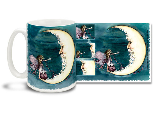 A cute fairy gives the Moon a gift of a star on this charming Moon Fairy mug! With vivid blue watercolor lines, For You Moon Fairy coffee mug is dishwasher and microwave safe and sure to be a favorite!
