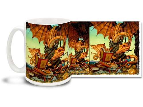 Even dragons need to take a story break, and these fellows and their human friend are having a good read on this Taken To Task Dragons mug! Colorful dragon coffee mug is dishwasher and microwave safe and sure to be a favorite.