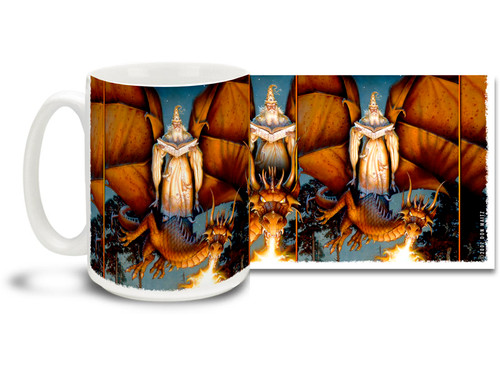 Get a fiery morning jolt to start your daily adventures with this Booked Flight Wizard and Dragon mug! Featuring a spell-casting sage riding a powerful red dragon, colorful Booked Flight Wizard and Dragon coffee mug is dishwasher and microwave safe and sure to be a favorite.