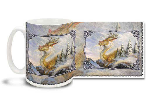 Maybe it's time for some iced coffee in this Winter's Reign Dragon mug featuring a giant and noble ice dragon. With subtle violet tones and a full moon, colorful Winter's Reign Dragon coffee mug is dishwasher and microwave safe and sure to be a favorite.