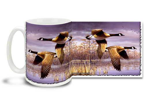 Take flight every morning with this Geese in Flight coffee mug. 15oz Goose coffee mug is durable, dishwasher and microwave safe.