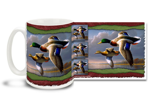 Fly high in the morning with this proud pair of ducks on this colorful duck mug! Vibrant 15oz Duck coffee mug is dishwasher and microwave safe.