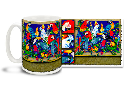 Get one of everything with this Spectrum of Tropical Birds mug featuring macaws, parrots and cockatiels! With decorative styling and a pretty rainbow of birds, 15 oz Spectrum of Tropical Birds coffee mug is dishwasher and microwave safe.