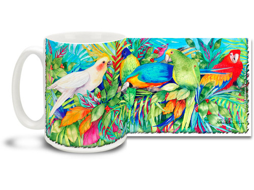 Enjoy a temperate aviary with this Vivid Watercolor Tropical Birds mug featuring macaws, parrots and cockatiels! With freewheeling watercolor style and a pretty rainbow of birds, 15 oz Vivid Watercolor Tropical Birds coffee mug is dishwasher and microwave safe.