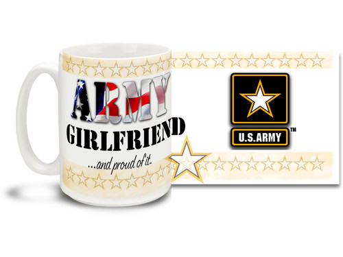 Show your pride in your United States Army Boyfriend with this colorful Army Girlfriend and Proud of It coffee mug. U.S. Army mug also makes a great gift for your best girl! 15 oz Army Girlfriend Coffee Mug is dishwasher and microwave safe.