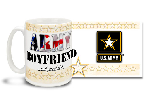 Show your pride in your United States Army Girlfriend with this colorful Army Boyfriend and Proud of It coffee mug. U.S. Army mug also makes a great gift for your special man! 15 oz Army Boyfriend Coffee Mug is dishwasher and microwave safe.