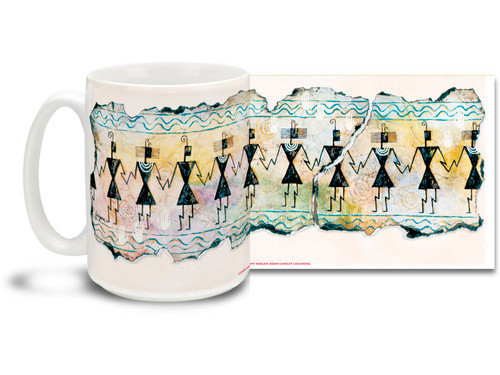 Dancing was an important part of life for the Hohokam Indians of the Tucson Basin. Join in the dance with with this vivid Hohokam Dancers coffee mug. Rich colors on this Hohokam Dancers Coffee Mug is sure to make this dishwasher and microwave safe cup a favorite!
