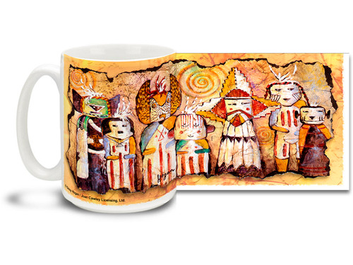 Mystical face masks and headdresses adorn the Ancient Family on this Native American themed coffee mug. Vivid, swirling colors on this Ancient Family Native American Coffee Mug is sure to make this dishwasher and microwave safe cup a favorite!