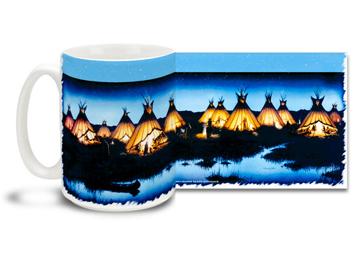 Bask in the warm glow of the home camp of traditional teepee dwellings on a cool night on this Native American themed coffee mug. Cool blues and contrasting yellow colors on this traditional themed Native American Coffee Mug is sure to make this dishwasher and microwave safe cup a favorite!