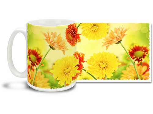 Enjoy some sunny themed mums on this pretty flower mug. Bright, vivid colors on this 15 oz Colorful Mum Flowers Coffee Mug will make this dishwasher and microwave safe coffee cup a great day morning favorite!