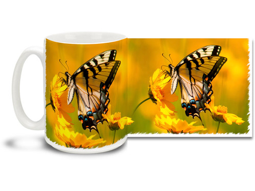 Enjoy the autumn colors and beautiful Eastern Tiger Swallowtail butterfly on this pretty flower mug. Bright, vivid colors on this 15 oz Eastern Tiger Swallowtail and Flowers Coffee Mug will make this dishwasher and microwave safe coffee cup a mellow morning favorite!