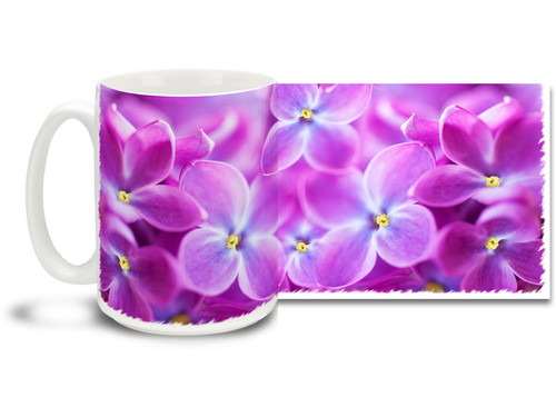 Explore the power of purple with the Lilac Flowers on this pretty flower mug. Bright, vivid colors on this 15 oz Lilac Flowers Coffee Mug will make this dishwasher and microwave safe coffee cup a relaxing coffee time favorite!