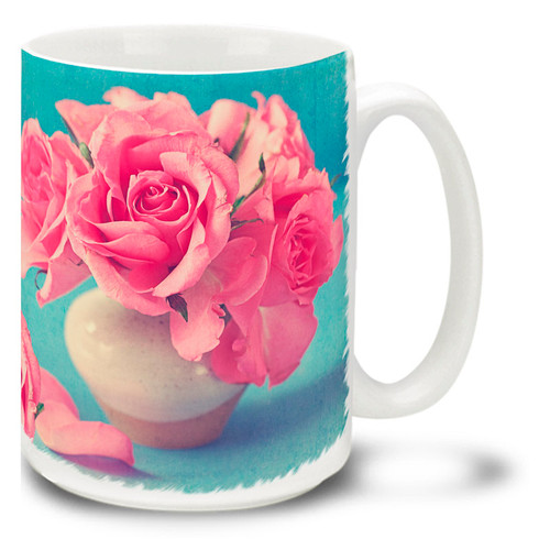 Pink Roses in Vase - 15 oz Mug