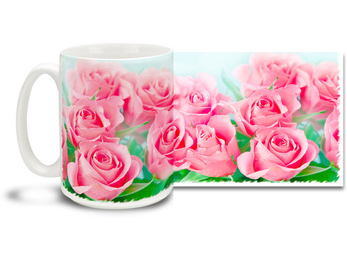 Surround yourself with pink roses on this pretty flower mug. Bright, vivid colors on this 15 oz Pink Roses Coffee Mug will make this dishwasher and microwave safe coffee cup a pretty in pink coffee time favorite!