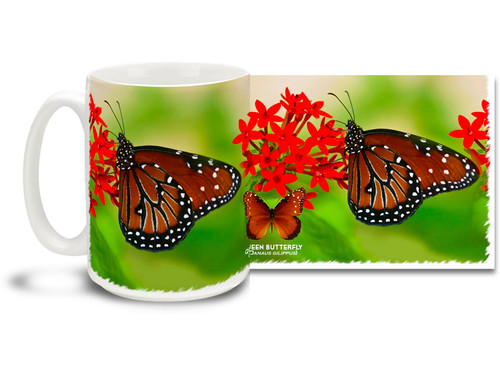 The Queen Butterfly is a North and South American butterfly that's orange or brown with black wing borders and small white forewing spots. The Queen Butterfly bears a striking resemblance to its cousin the popular Monarch. Enjoy the feel of an expansive green spring meadow on this pretty Queen Butterfly mug. Bright, vivid colors on this 15 oz Queen Butterfly Coffee Mug will make this dishwasher and microwave safe coffee cup a coffee time favorite!