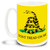 The historic Gadsden Flag design showing a coiled snake ready to strike on the familiar yellow field bears the words "Don't Tread On Me". Big 15-ounce ceramic coffee mug has comfortable 4-finger handle and clean styling.