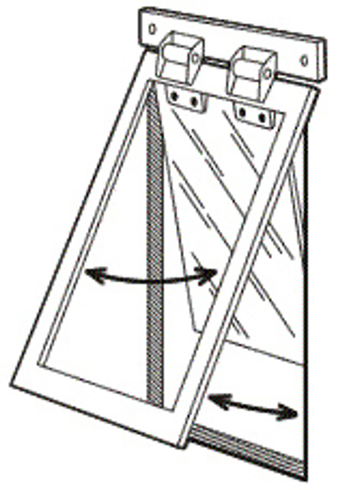 Dog pushes aluminum frame and acrylic panel to exit. 
Dog pushes only acrylic panel  to re-enter building.
