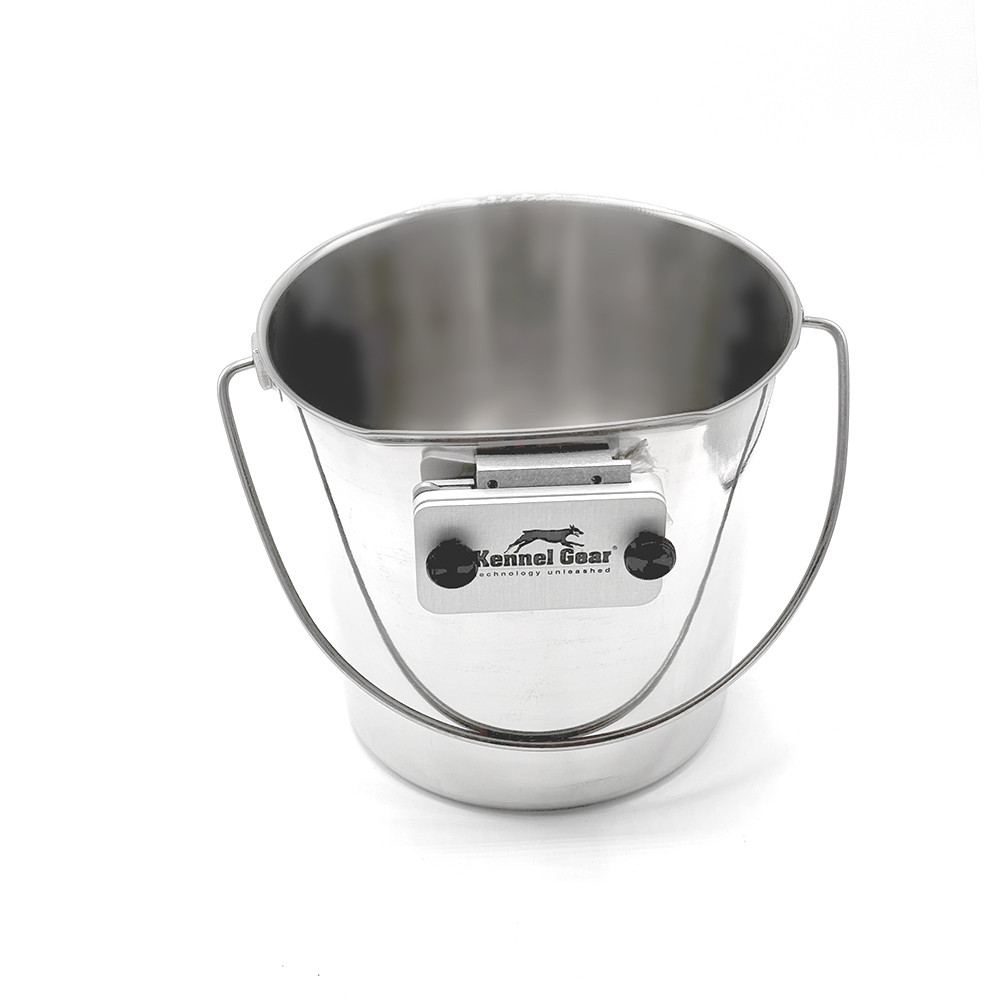 The 6 Quart Stainless Steel Pail System is a high-capacity stainless steel dog kennel water pail sized for large to extra large dogs in fixed kennel environments where water demand is significant.