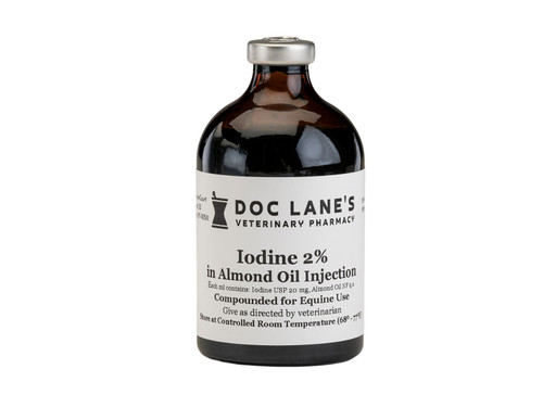 A bottle of Iodine 2% in Almond Oil Injection for veterinary use.