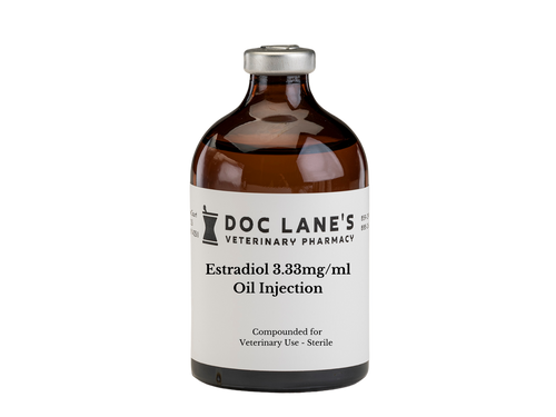 Estradiol 3.33 mg/ml Oil Injection compounded by Doc Lane's Veterinary Pharmacy.