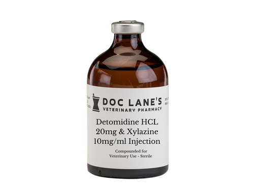 Detomidine HCl 20 mg & Xylazine 10 mg/ml Injection compounded by Doc Lane's Veterinary Pharmacy.