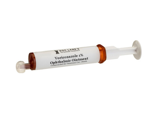 A bottle of Voriconazole 1% Ophthalmic Ointment for veterinary use.
