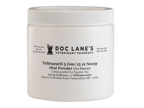 A jar of Toltrazuril 5 g/scoop Oral Powder compounded by Doc Lane's for veterinary use.