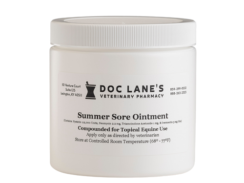 A jar of Summer Sore Ointment compounded by Doc Lane's for veterinary use.