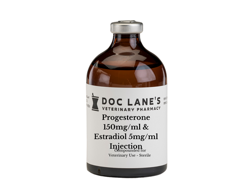 Progesterone 150 mg/ml & Estradiol 5 mg/ml Long Acting Injection (Sesame Oil) compounded by Doc Lane's Veterinary Pharmacy.