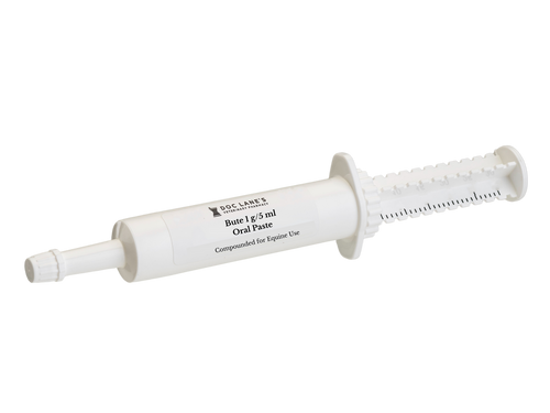 A dial-a-dose syringe of Chloramphenicol 500mg/ml paste compounded for equine use.