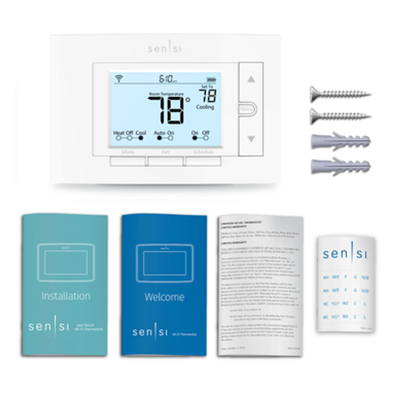 Sensi Smart Thermostat set to 78 Cooling with screws, anchors, and manual.