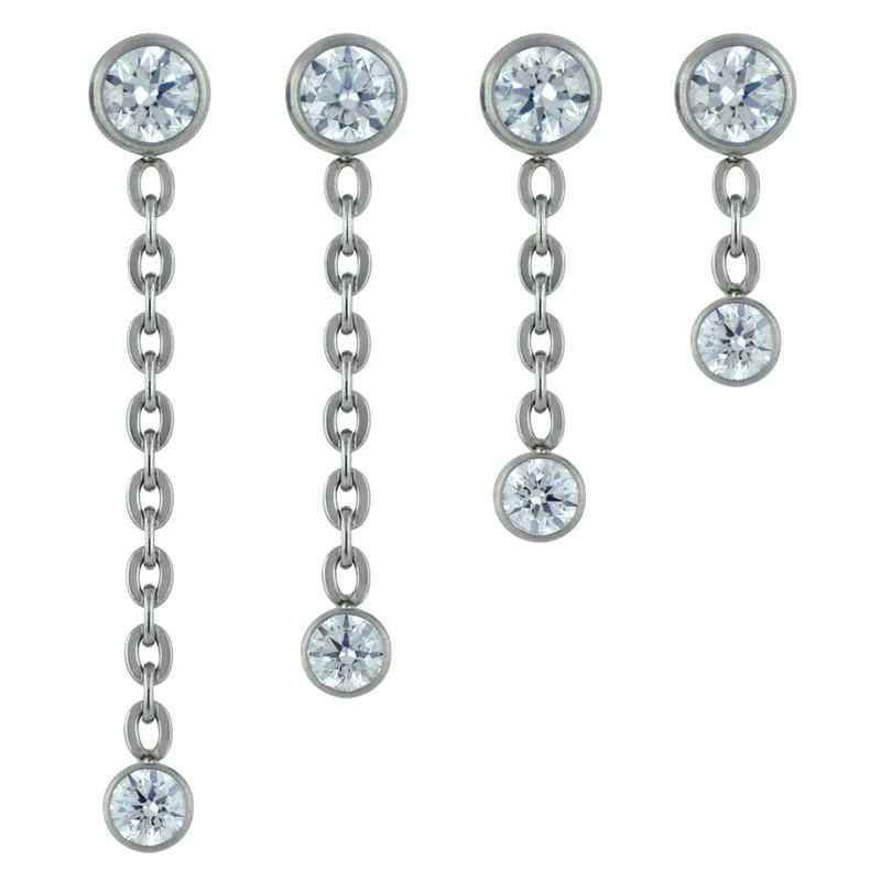 TI Bezel End 4mm w-3mm Chain Dangle (threadless) CZ-westcoast piercing