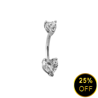 Body Gems 14K Double Heart Curved Barbell 14ga CZ