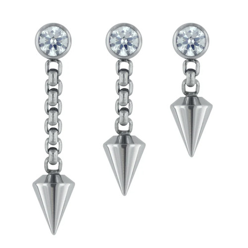 TI Bezel End 3mm w-Chain & Spear Dangle (threadless) CZ
