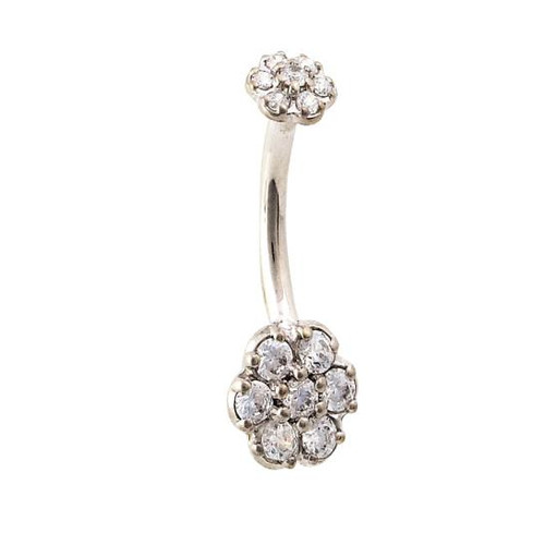 14K W Double Flower Curved Barbell 14ga 3/8" CZ