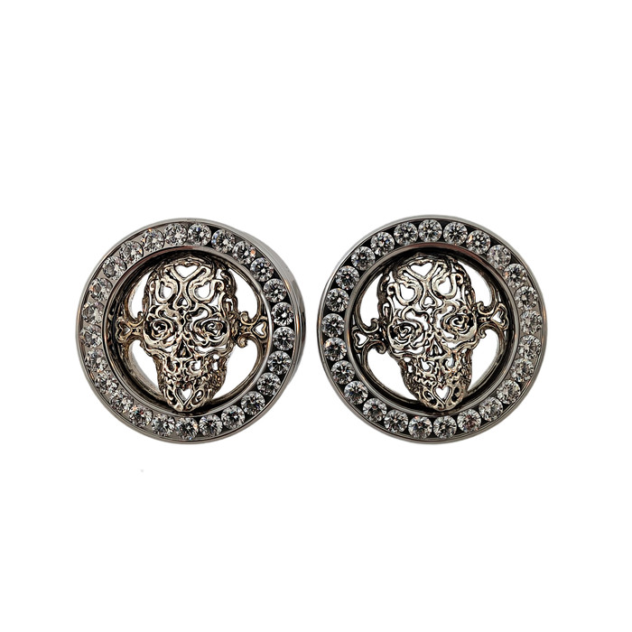SS Gemmed Eyelet w/SI Skull Heart Insert (pair) 1''  CZ DF