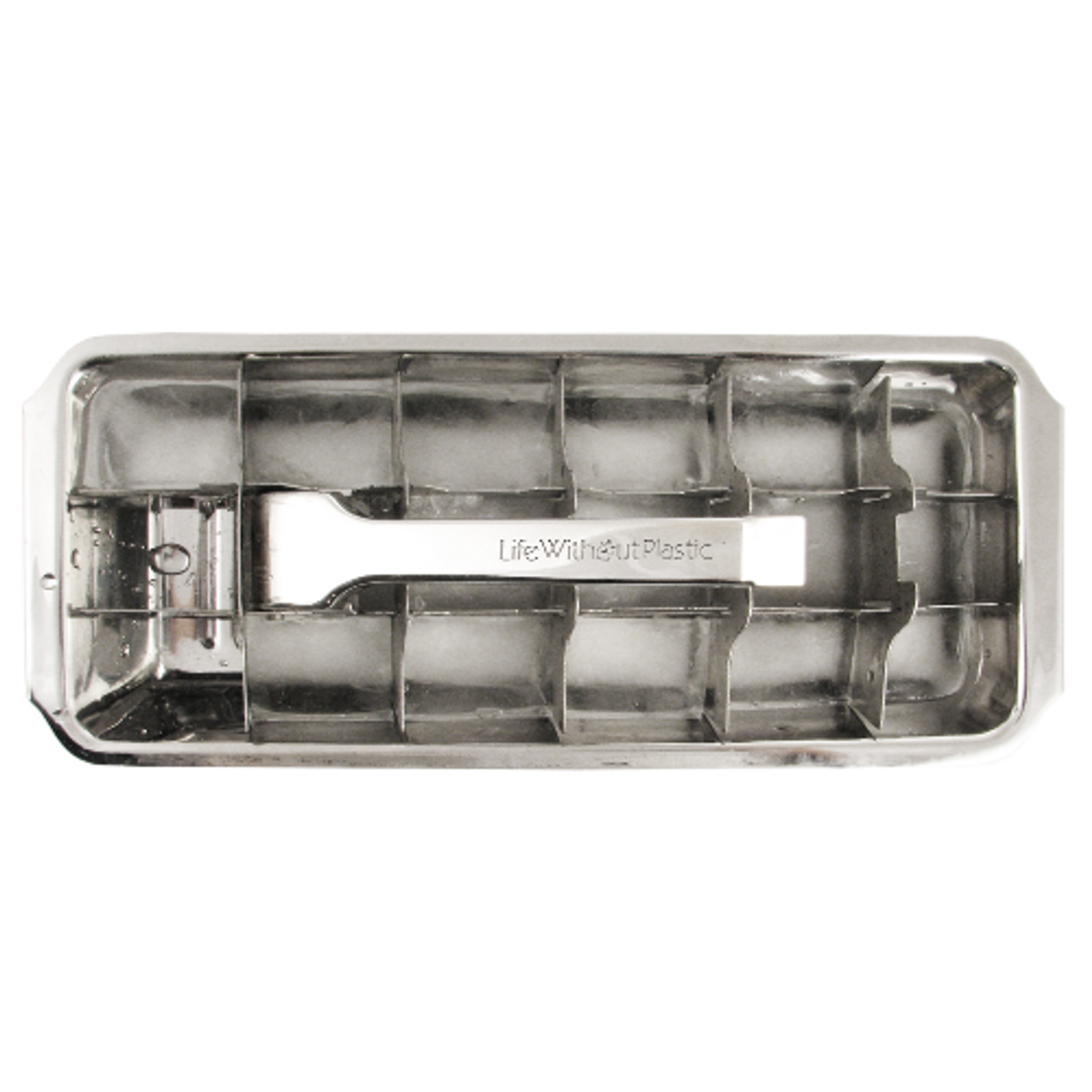 This Stainless Steel Ice Cube Tray with a lever handle is a durable non  plastic product. Just fill, freeze, and pull the lever to cleanly cut your  ice cubes.