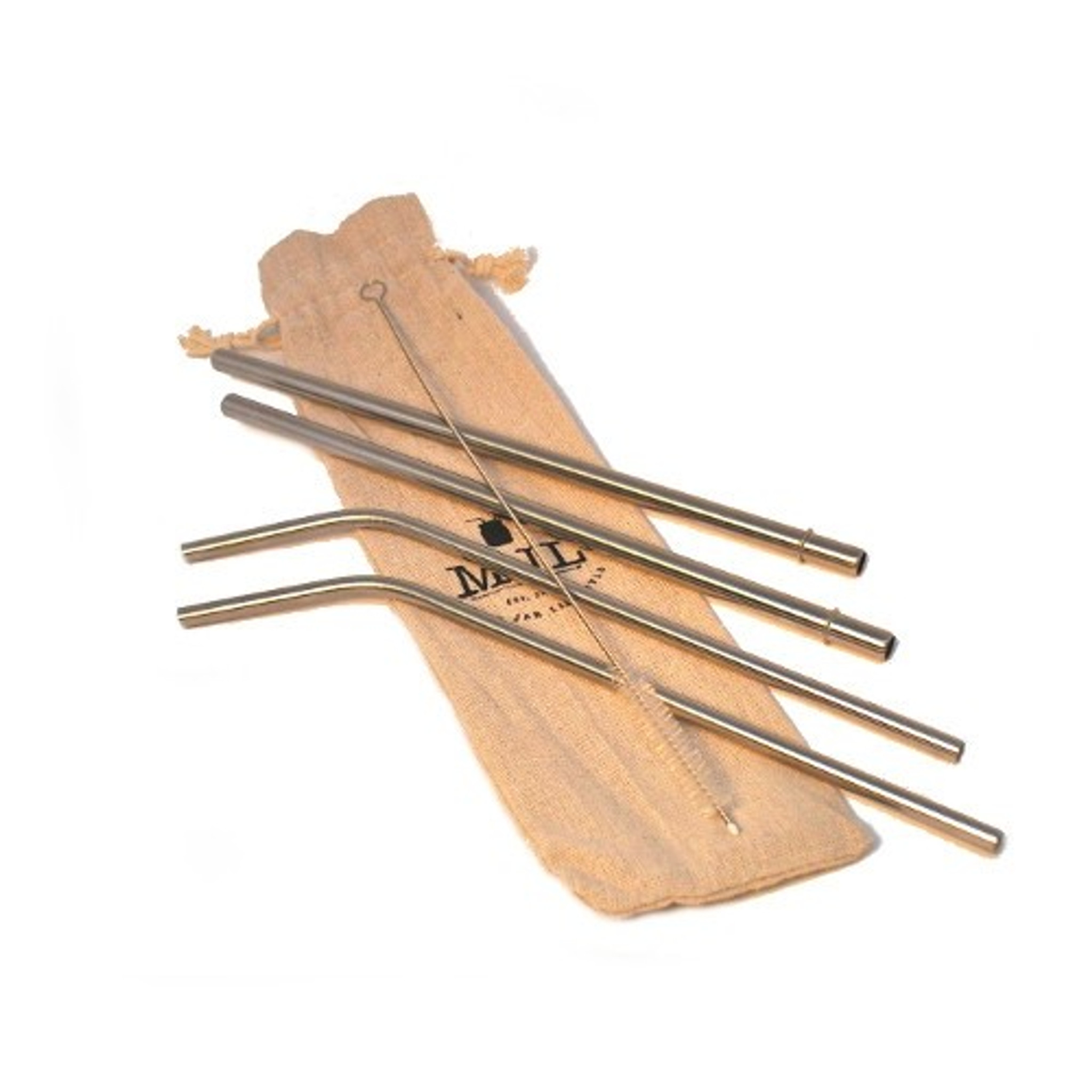 Set Of Four Stainless Steel Straws With A Cleaner And Cotton Carrying Case