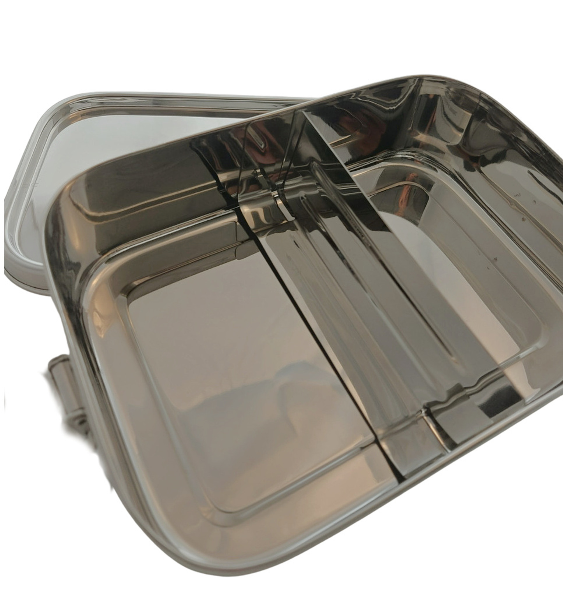 Removable stainless steel divider for plastic-free rectangular container