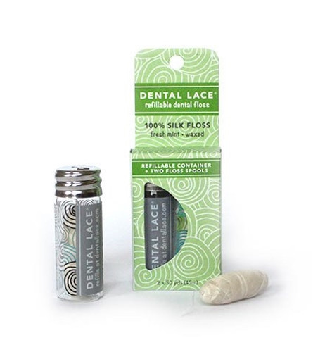 Plastic-Free Dental Lace Floss from Natural Silk in Refillable Glass Jar - Granite - Kit component