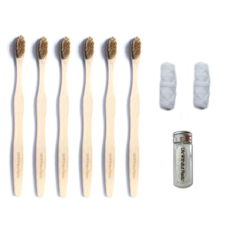 Plastic-Free Dental Care Kit - 6 Bamboo LWP Adult Toothbrushes, 1 Natural Floss in Glass Jar, and 2 Floss Refills