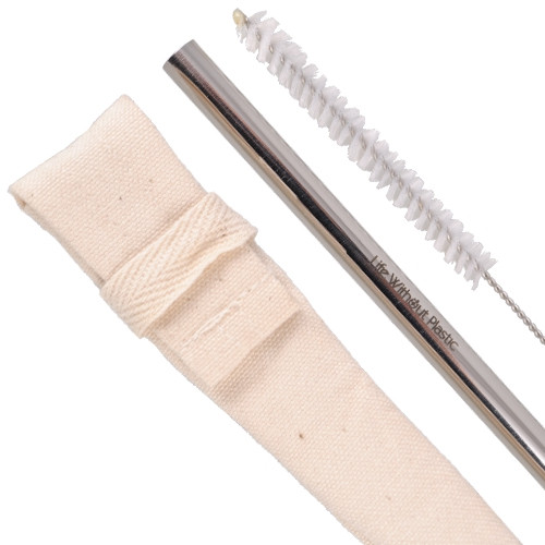 Stainless Steel Straw in an Organic Cotton Sleeve with Cleaning Brush - close up