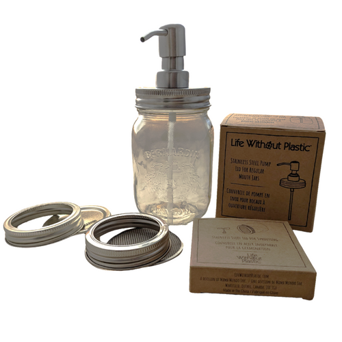 Glass Jar with Stainless Steel Sprouting Lid, Soap Pump Lid & Soap Flakes